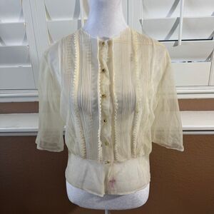 Vintage Sheer Chiffon Cream Blouse Sz S Boho Prairie Romantic Flowy Ethereal 60s